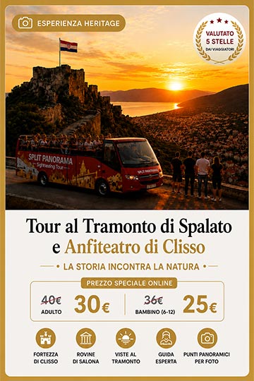 Tour panoramico al tramonto: Spalato, Anfiteatro di Salona e Fortezza di Klis Tour panoramico al tramonto: Spalato, Anfiteatro di Salona e Fortezza di Klis
